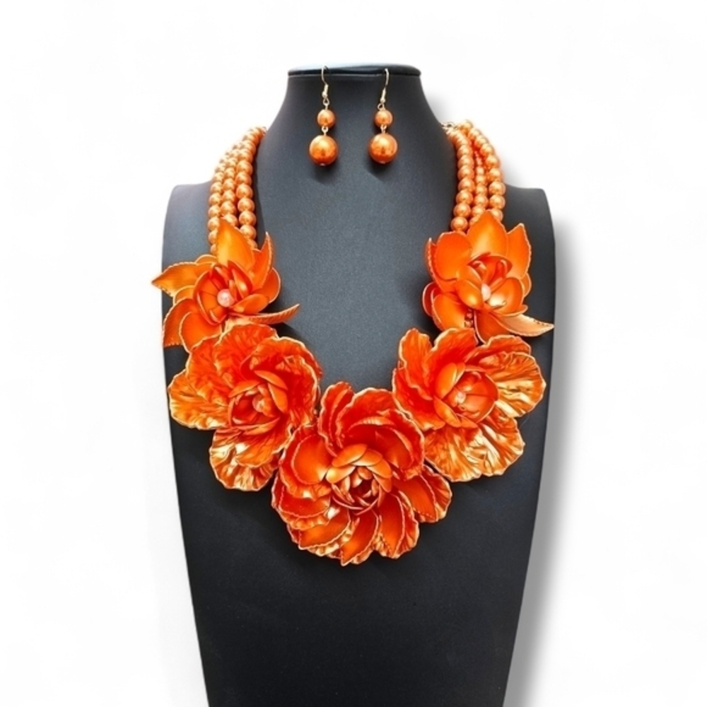 Encore Jeans Orange Floral Necklace and Earring Set